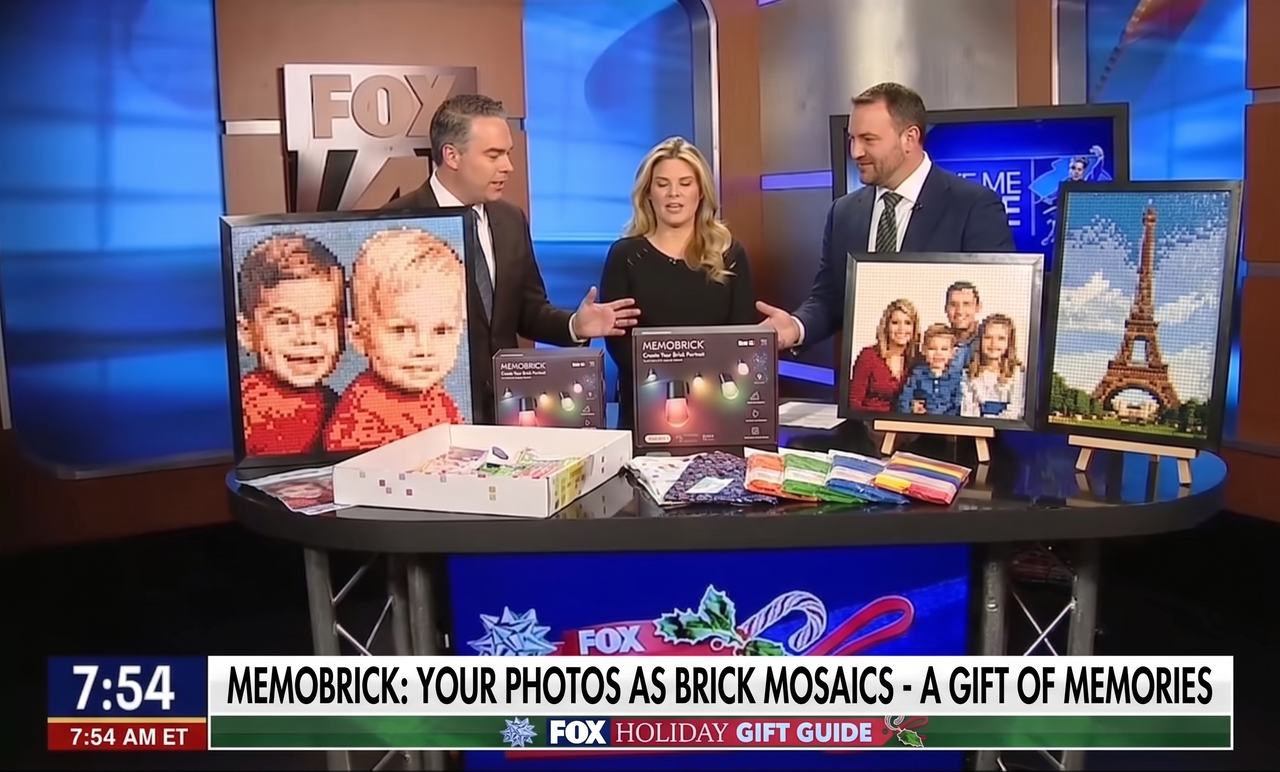 MemoBrick featured on the FOX Holiday Gift Guide, with brick portraits and kits on the studio desk